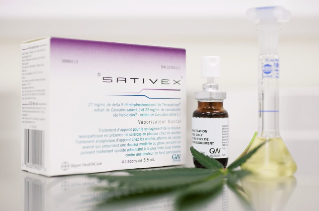 Sativex obsahuje extrakt z listov a kvetov rastliny kanabisu, s obsahom THC aj CBD.